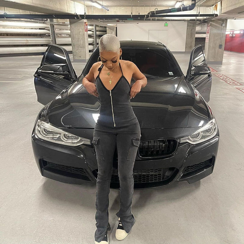 Lace-up Zip Denim Jumpsuit Women