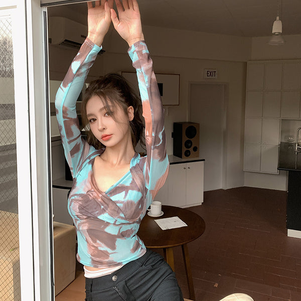 Women's Twisted Mesh Top Ins Style All-match Tie-dye Minimalist Long Sleeve