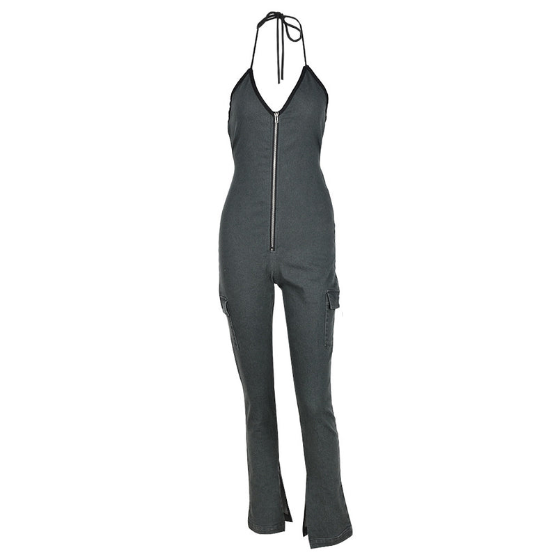 Lace-up Zip Denim Jumpsuit Women